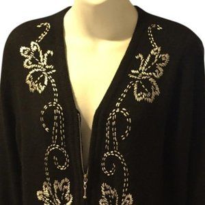 All Points White Stitch Design Black Cardigan Sweater ~ Size Medium